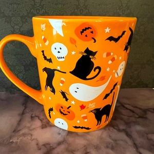 Halloween Tangerine Orange Mug Ghost Skull Black Cats Bats Candy Corn Rats Bats